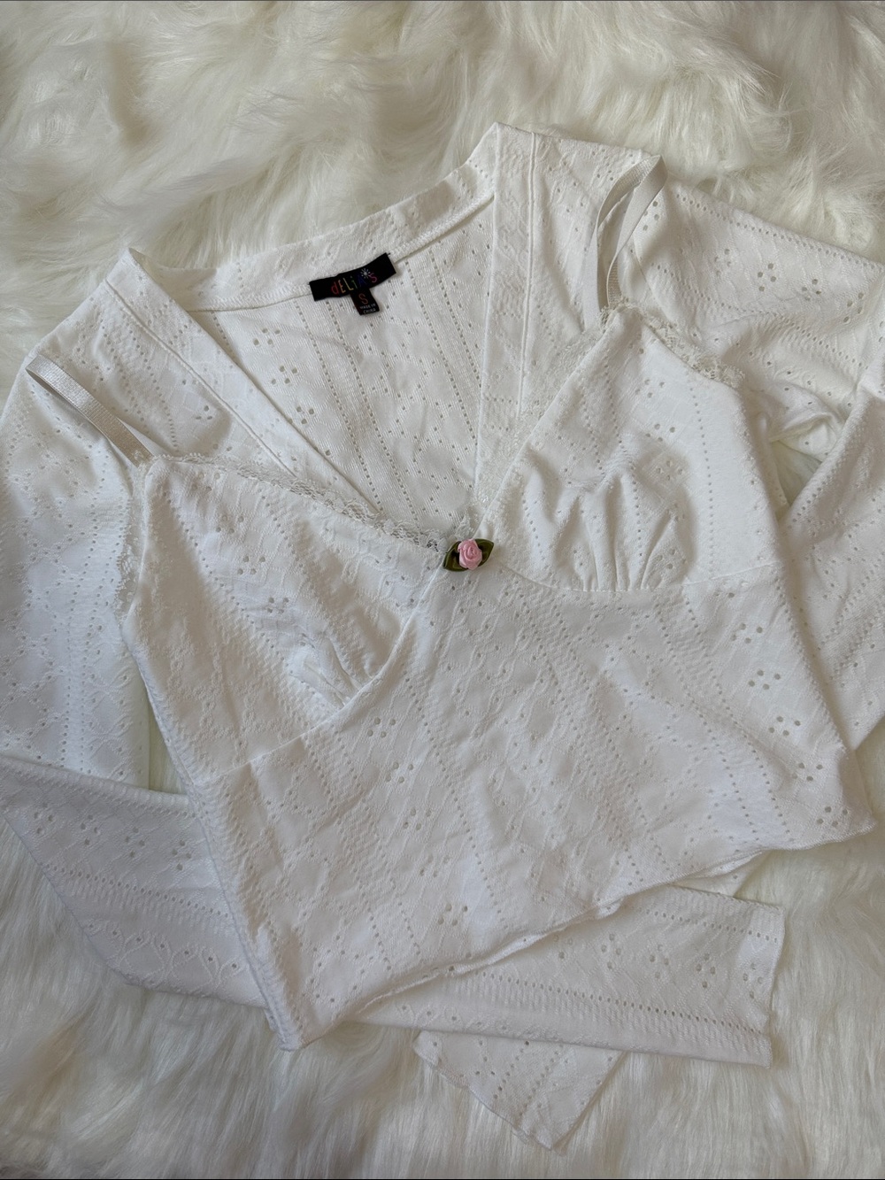 Dolls Kill White Eyelet Button-Front V-Neck Long Sleeve Top